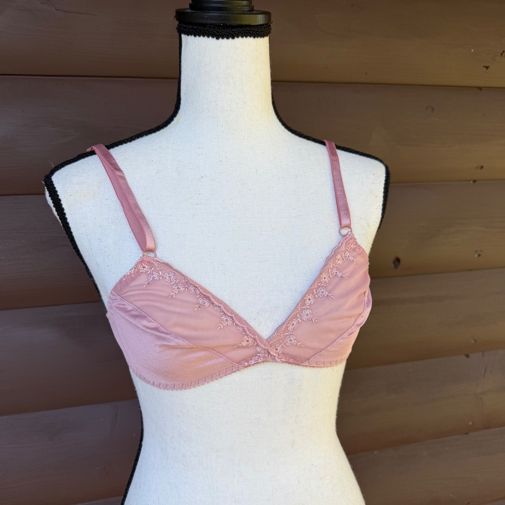 Vtg Flexnit A-OK Embroidered Bra Dusty Rose Floral Sheer Bralette 36AA Made USA